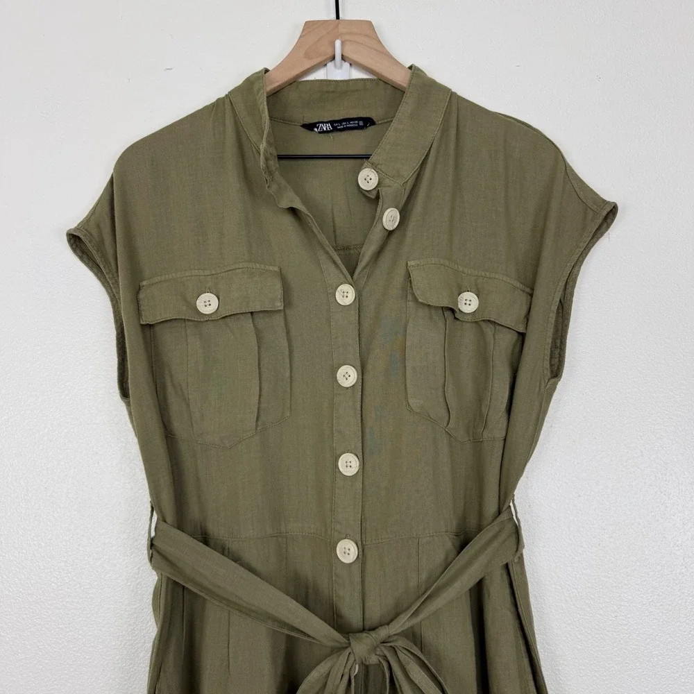 Zara Utility Jumpsuit Women L Olive Green Linen Blend Belted Short Sleeve Safari